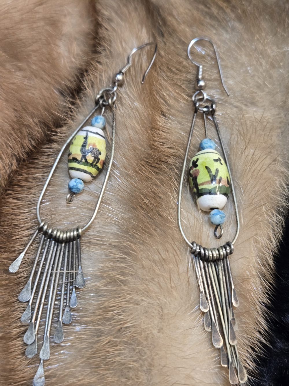 Vintage Hand Painted Yellow and Blue Bead Fringe Dangle Earrings - Vintage